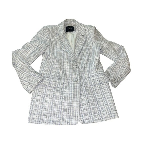 7 FOR ALL MANKIND Women's Blue Tweed Blazer Long Length Two Button Size Medium? - Picture 7 of 15